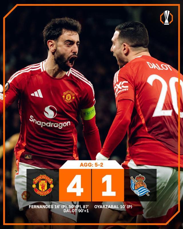 【欧联杯】B费帽子戏法！曼联主场4-1十人皇家社会